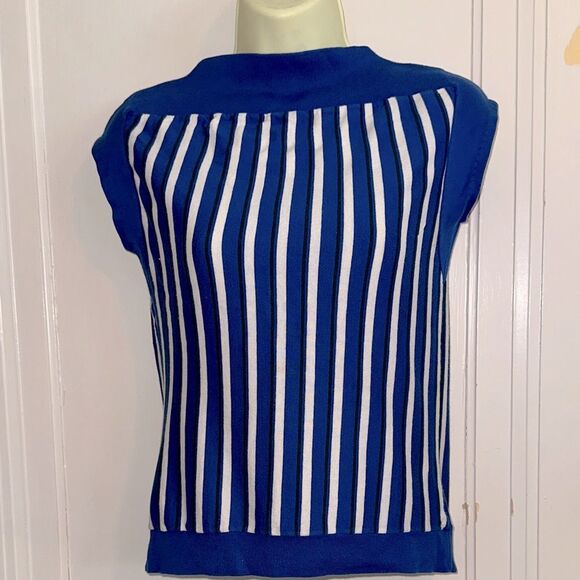 Vintage 60s Jantzen Navy & White Vertical Striped Sleeveless Top with Ribbed Hem - Picture 1 of 7